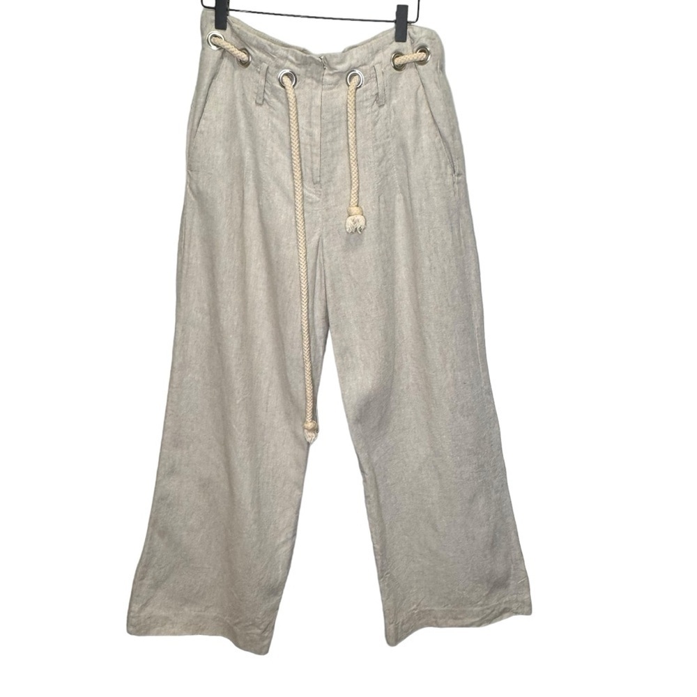 Sandro Sportswear Tan 100% Linen Wide Leg Pants Rope Belt Size 10 Nautical